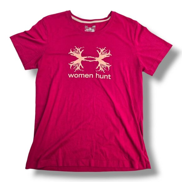 UNDER ARMOUR Womens Pink Tan Short Sleeve Shirt Hunting Size LARGE L - Picture 1 of 8